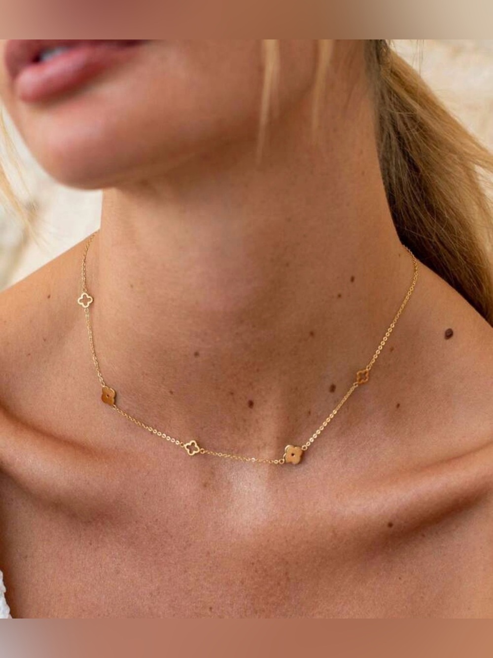 Gold Floral Clover Link Necklace Bracelet Stainless Steel Waterproof SET